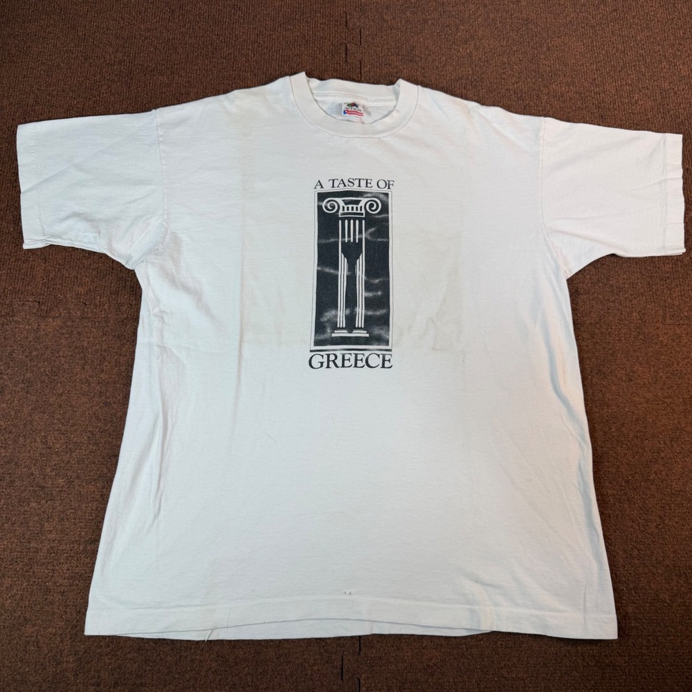 Vintage Fruit of the Loom Greece Graphic T-Shirt Mens XL White 90s USA Made 2891